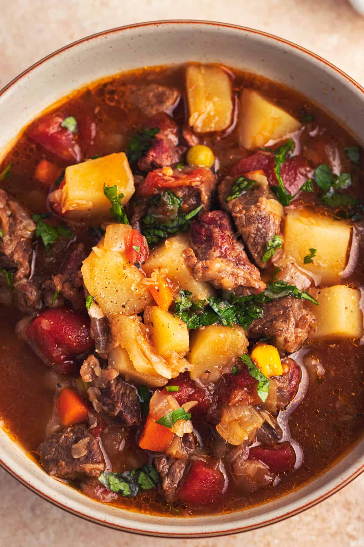 close up view of potato, vegetable, and beef soup 