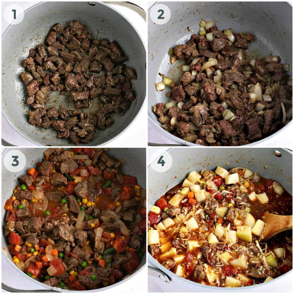 four steps of preparing vegetable beef soup