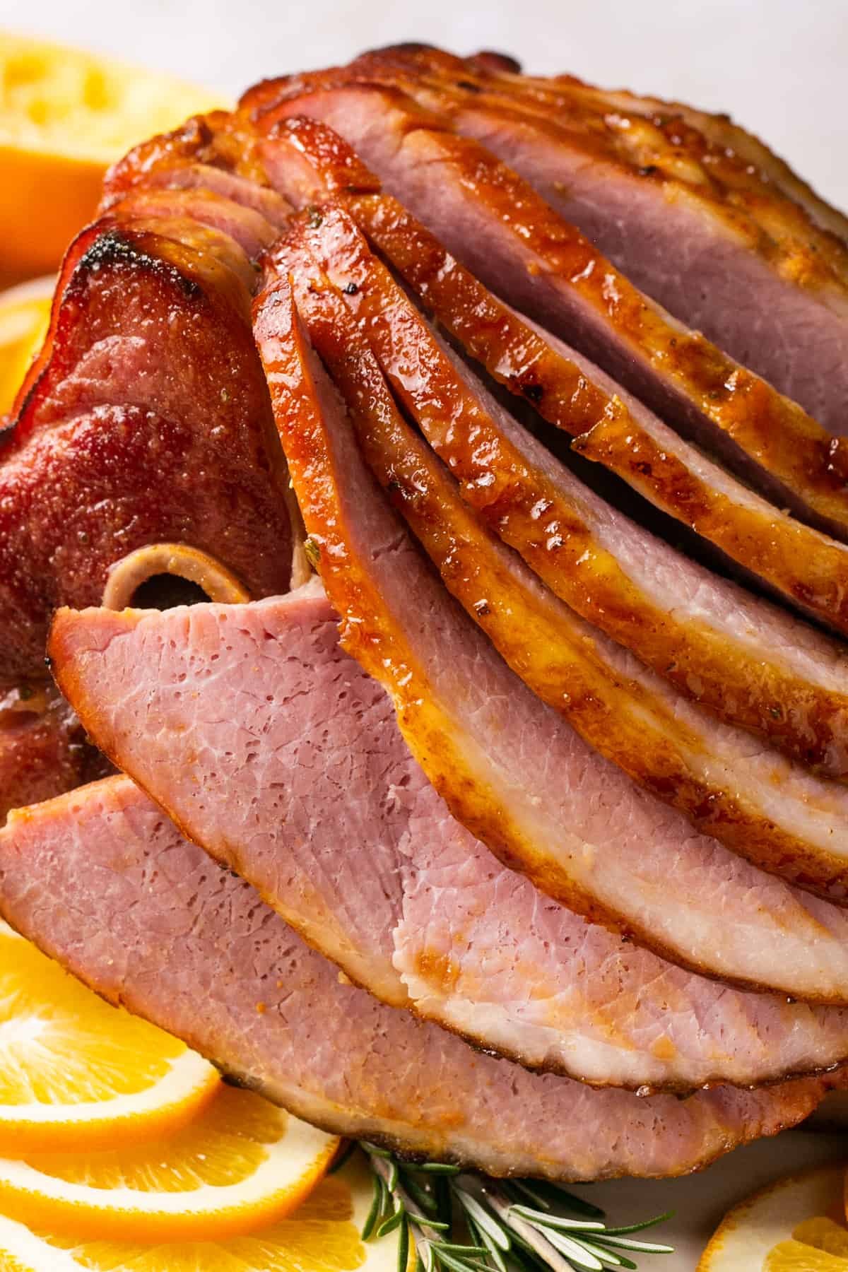 up close slices of glazed baked ham