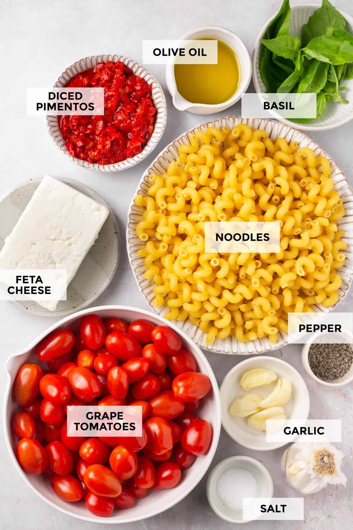 ingredients for baked tomato feta pasta