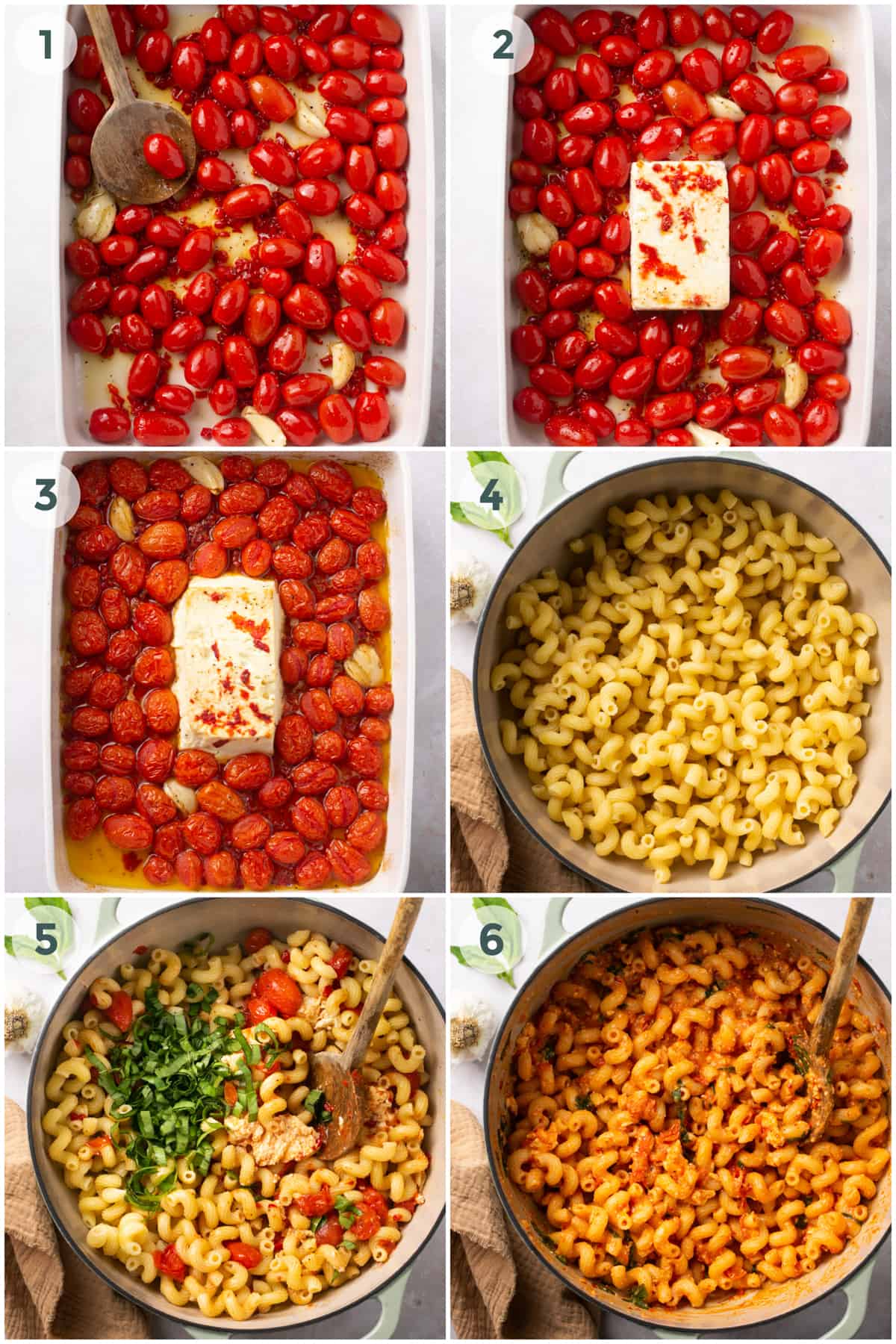six steps of preparing baked tomato feta pasta