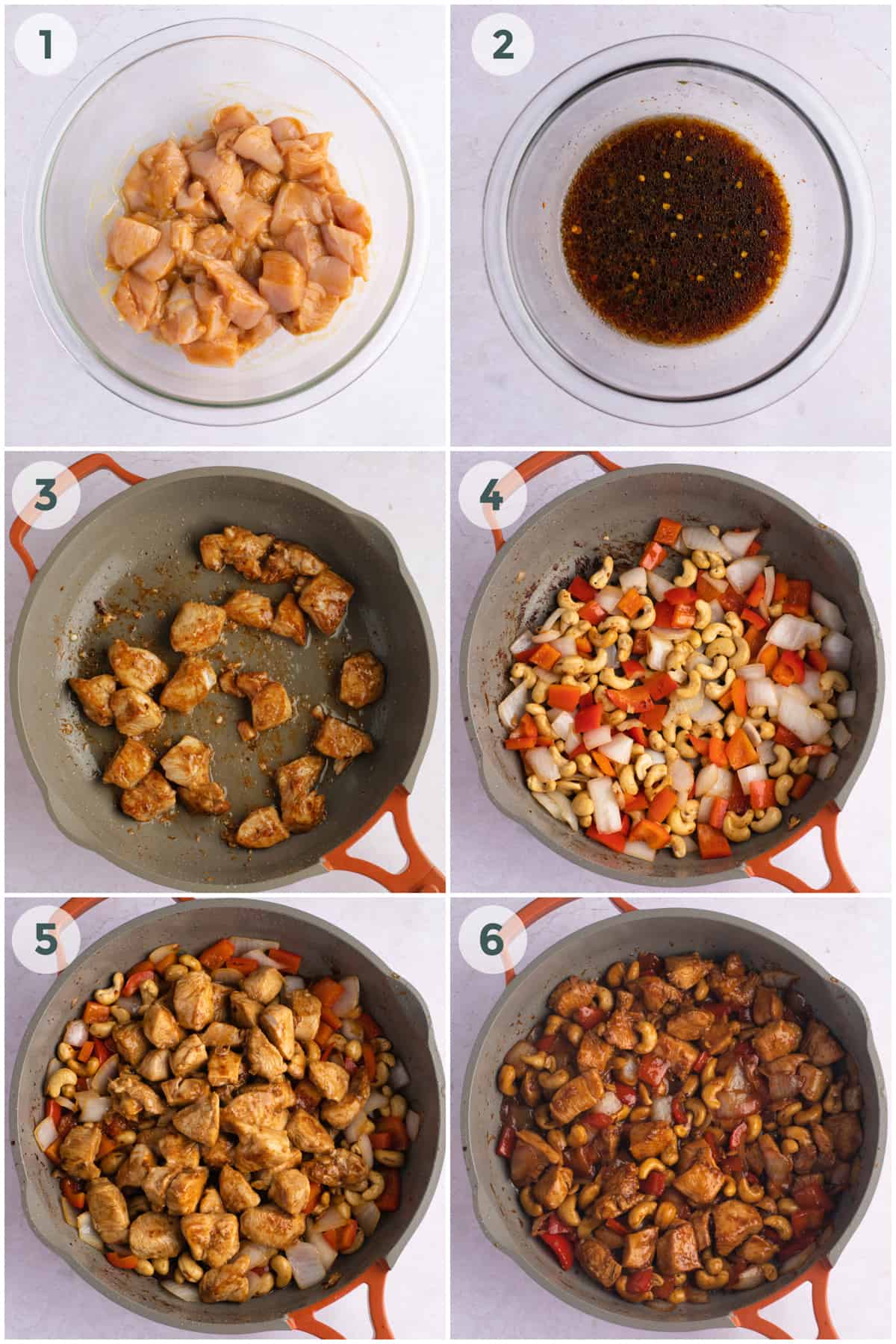 six steps of preparing cashew chicken