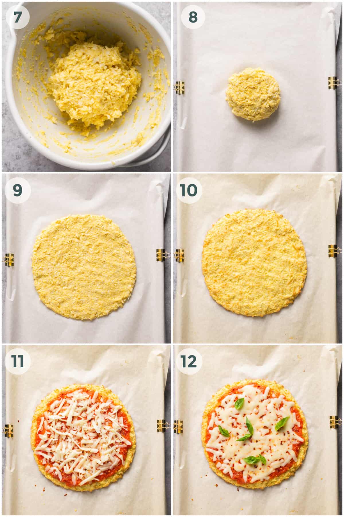 steps of preparing cauliflower crust pizza
