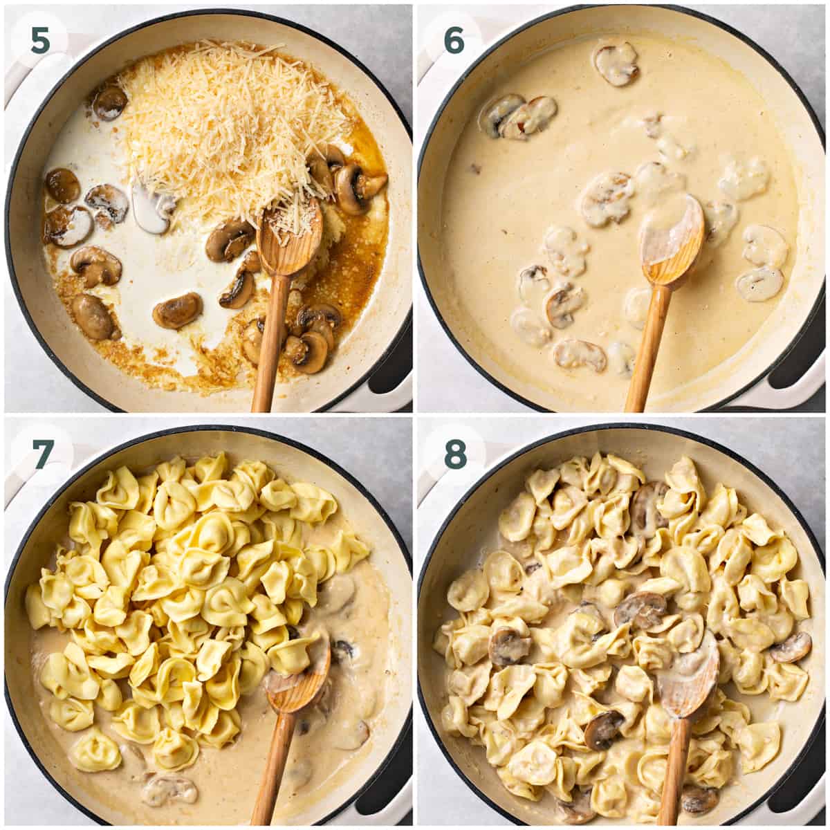 last four steps of preparing cheese tortellini pasta recipe