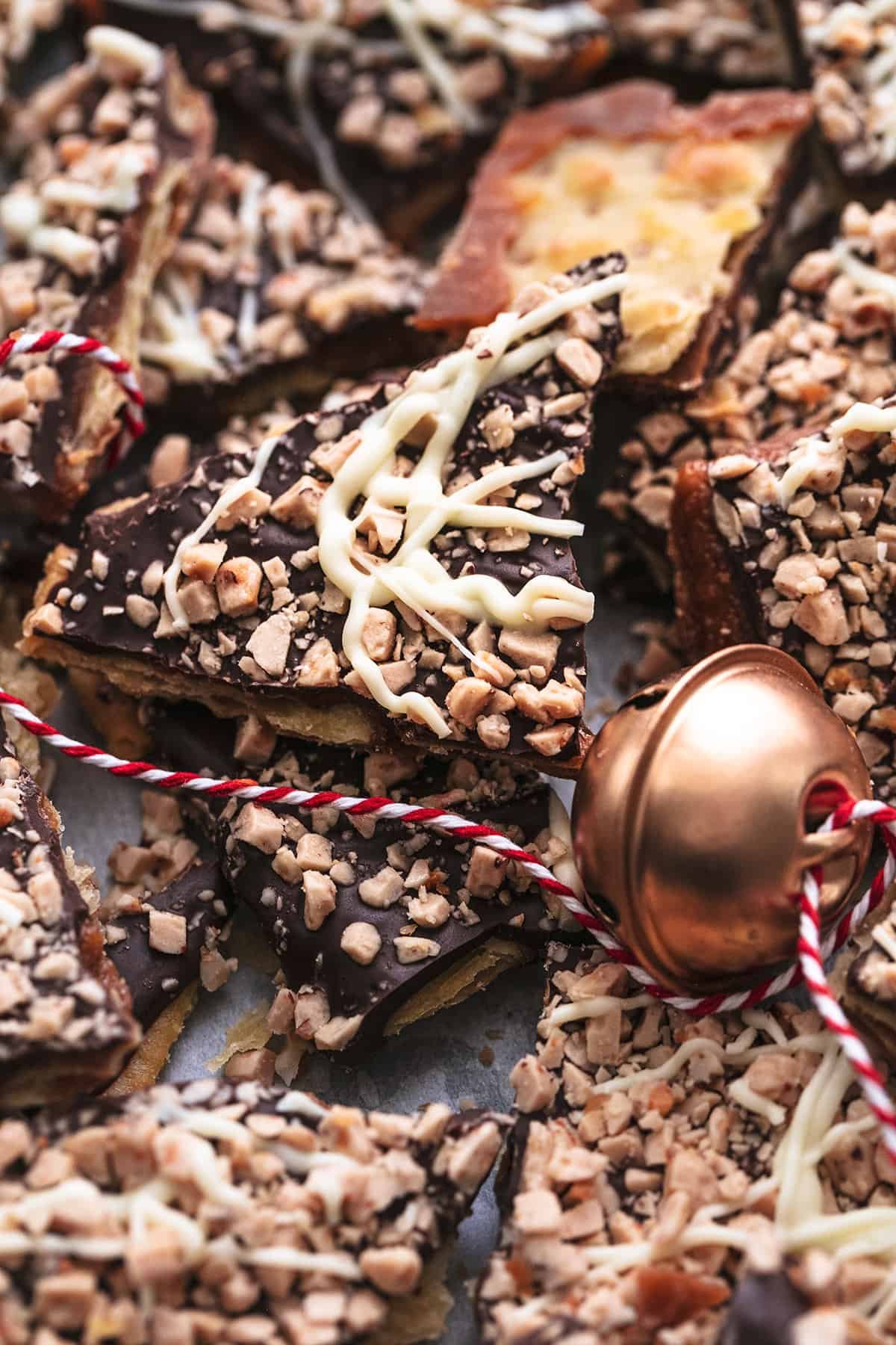 up close chocolate and toffee candy with jingle bell