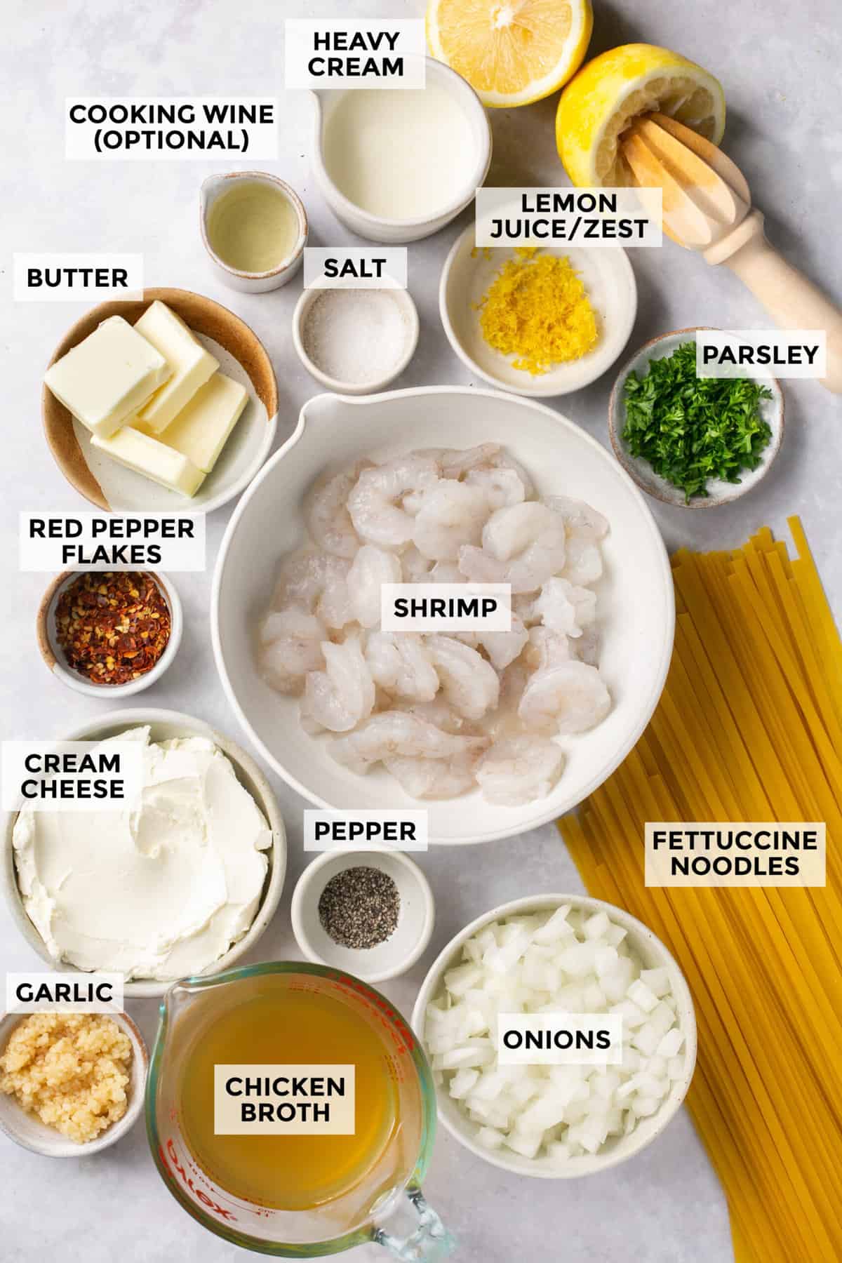 ingredients for creamy garlic shrimp pasta recipe