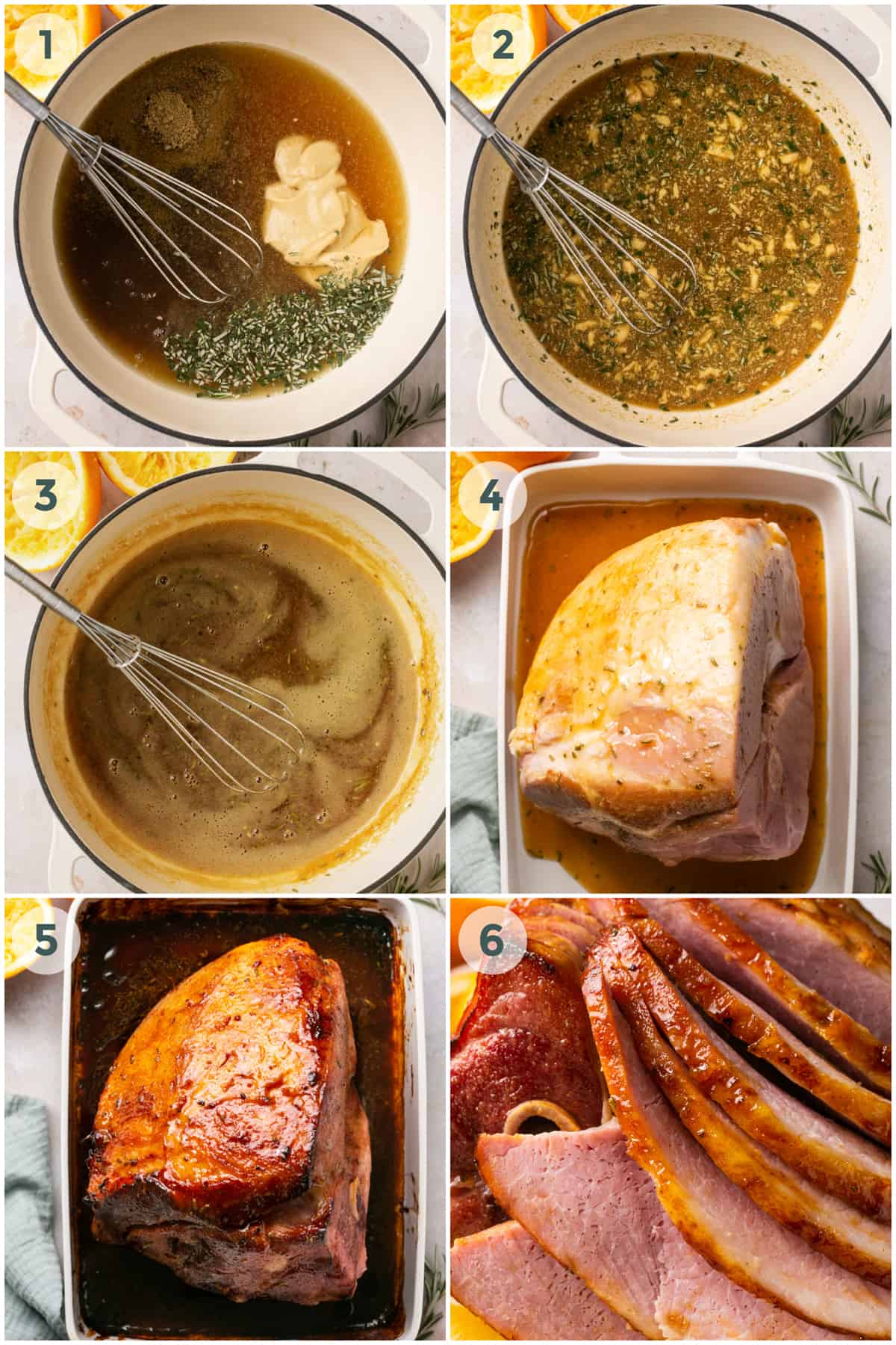 six steps of preparing glazed baked ham