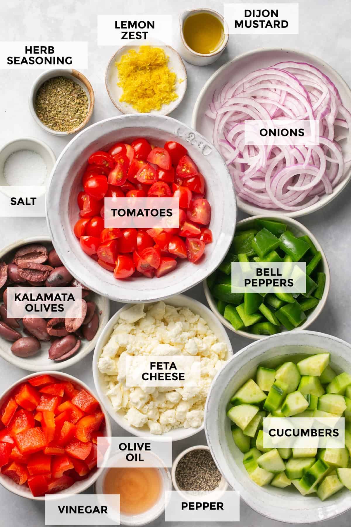 ingredients for mediterranean salad and dressing