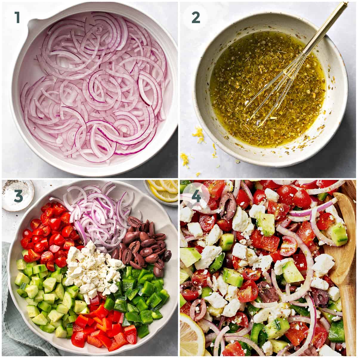 four steps of preparing greek salad with salad dressing
