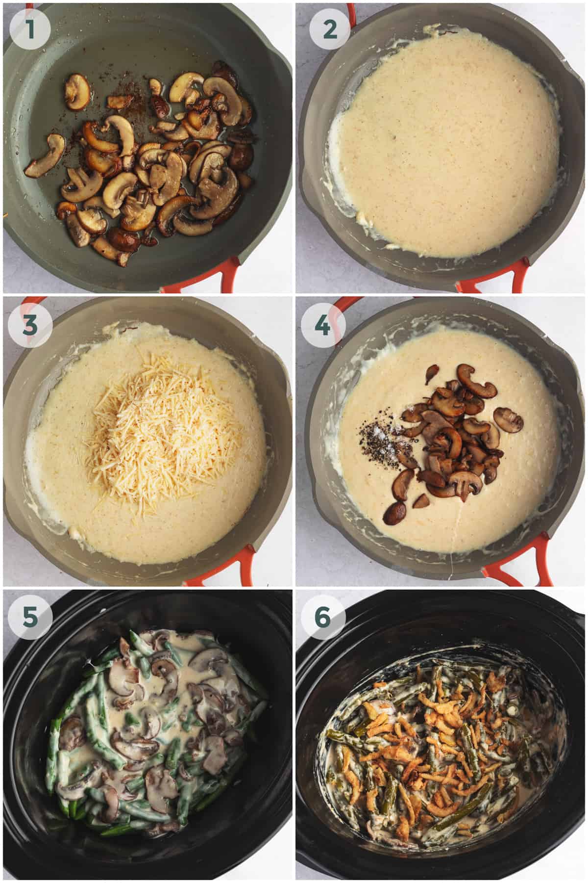 six steps of preparing green bean casserole in crockpot