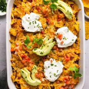 casserole dish of chicken taco casserole with doritos