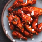 overhead view of chicken wings on a platter