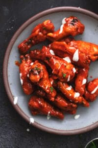 overhead view of chicken wings on a platter