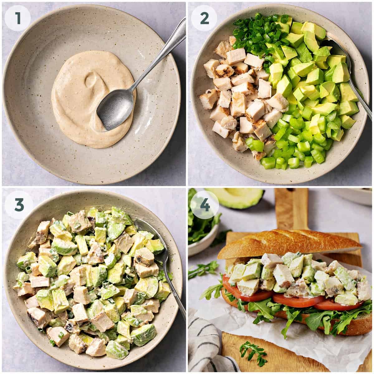 four steps of preparing chicken salad sandwich