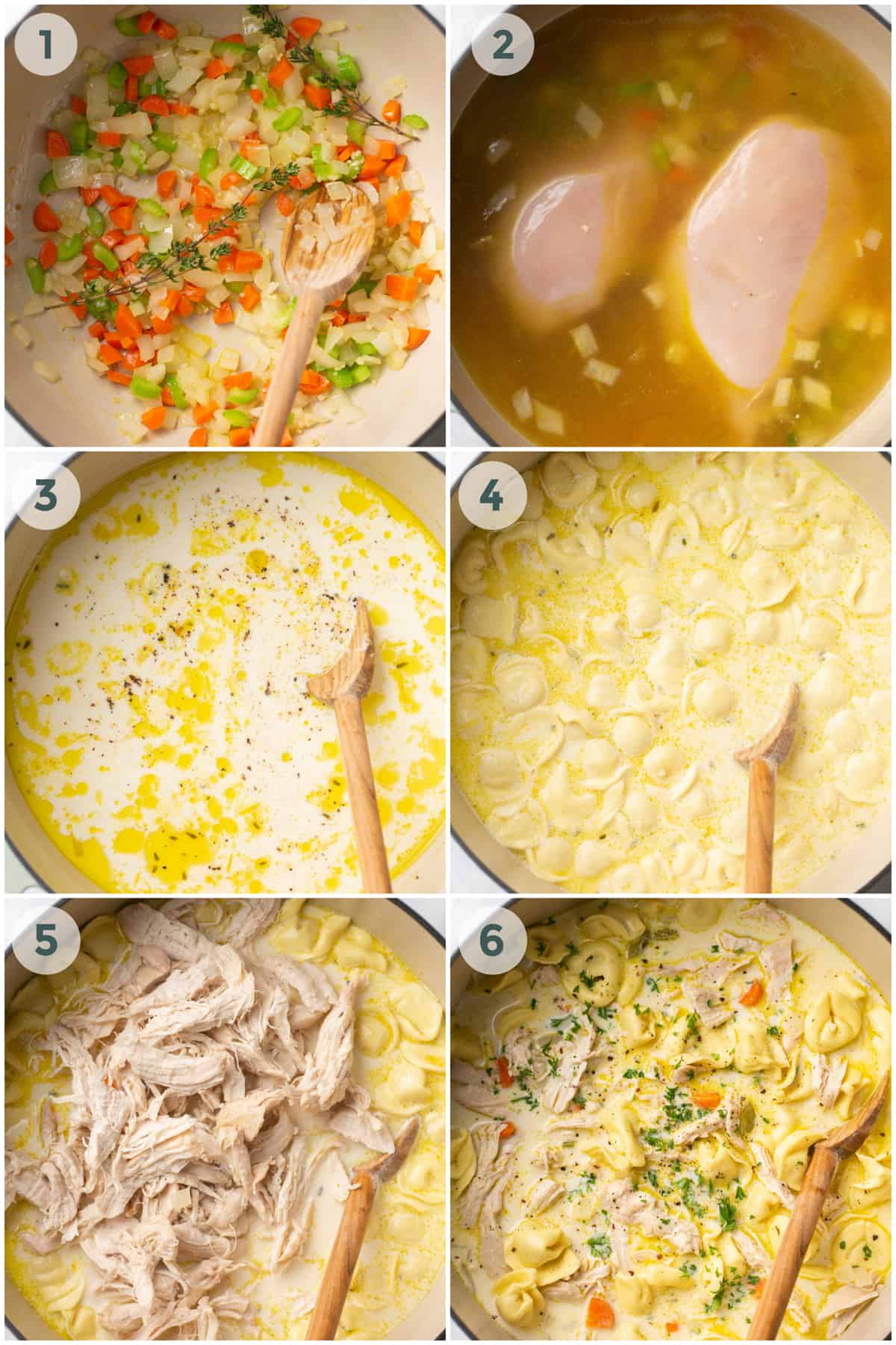 six steps of preparing chicken tortellini soup