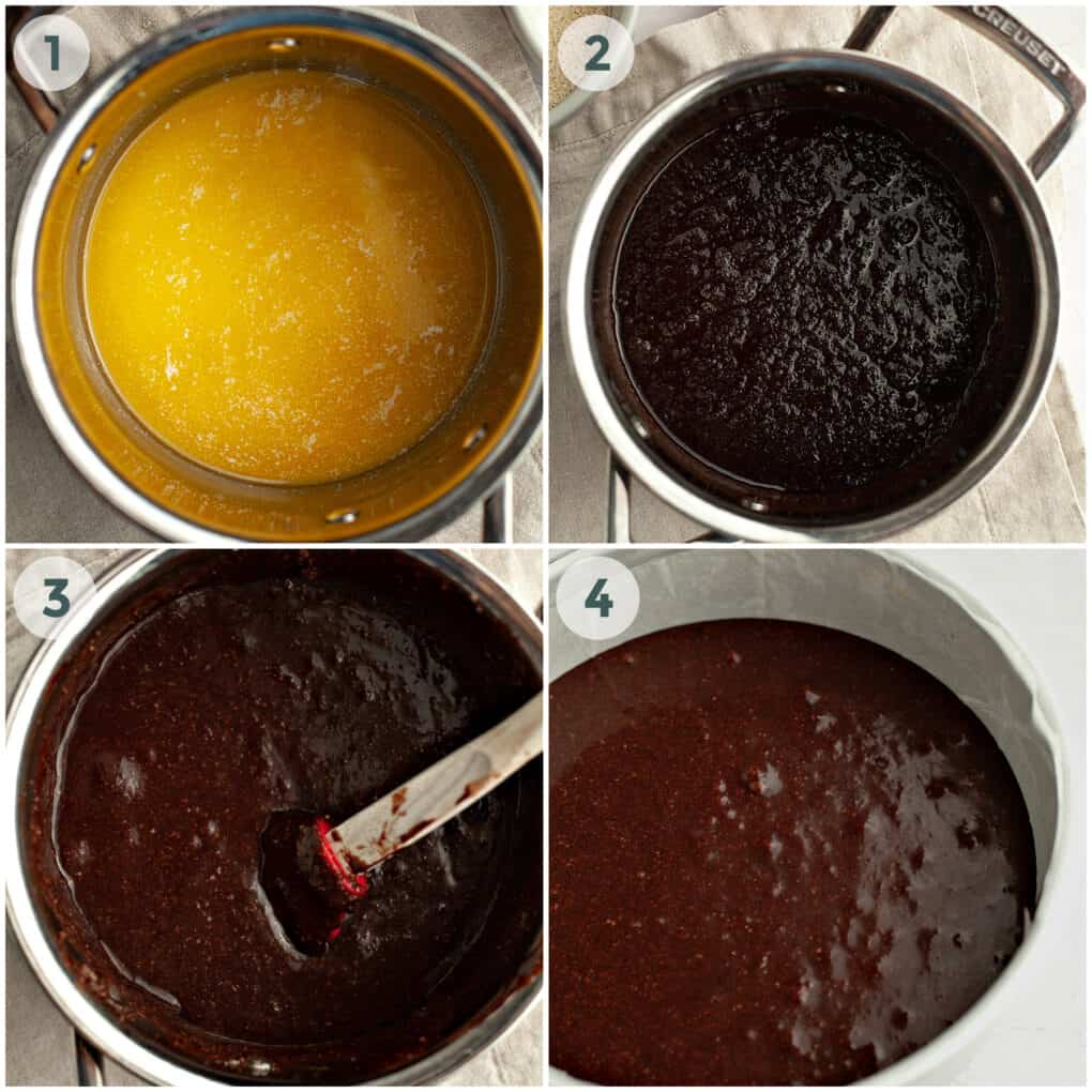 four steps of preparing flourless chocolate cake recipe
