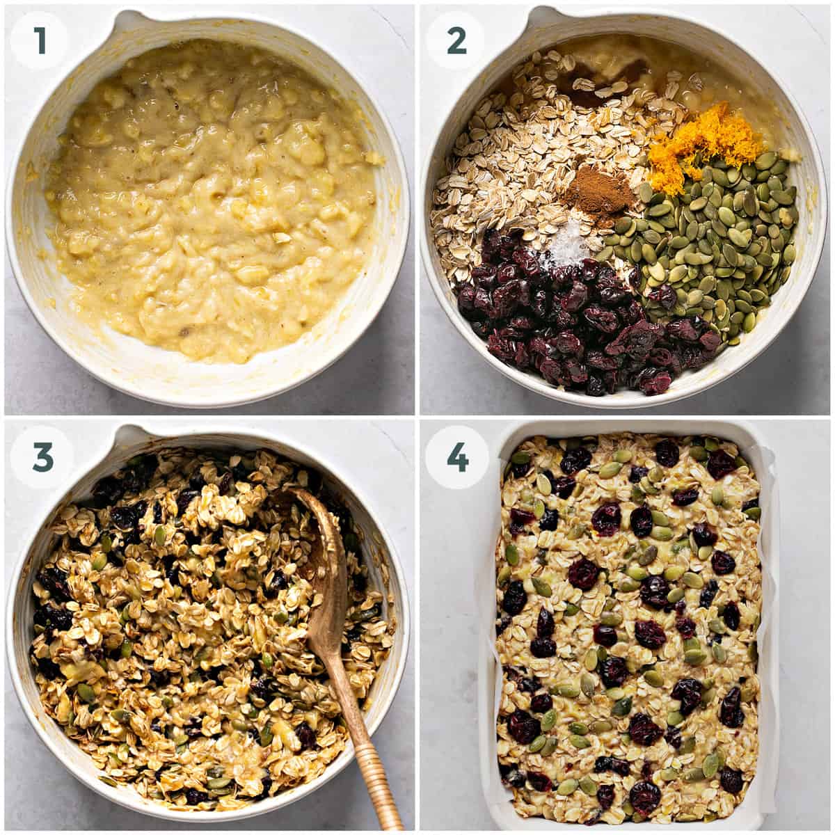 four steps of preparing oatmeal breakfast bars