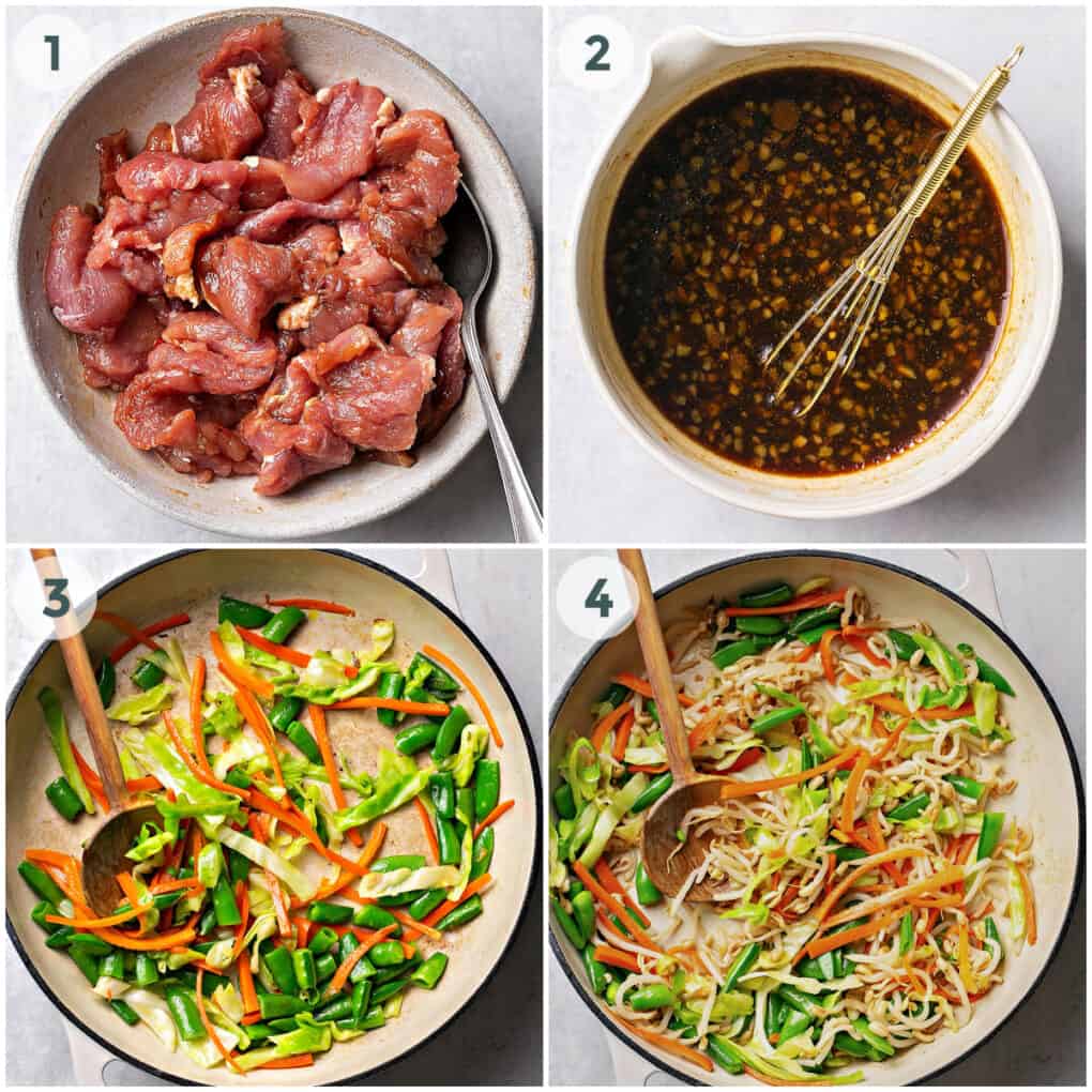 first four steps of preparing pork lo mein recipe