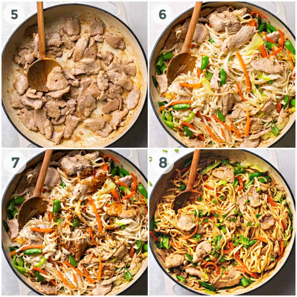 four steps of preparing pork lo mein