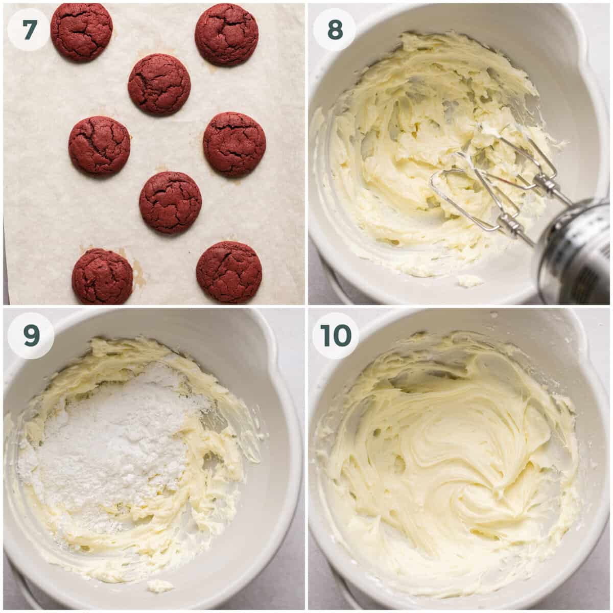 four steps of preparing cream cheese frosting for cookies