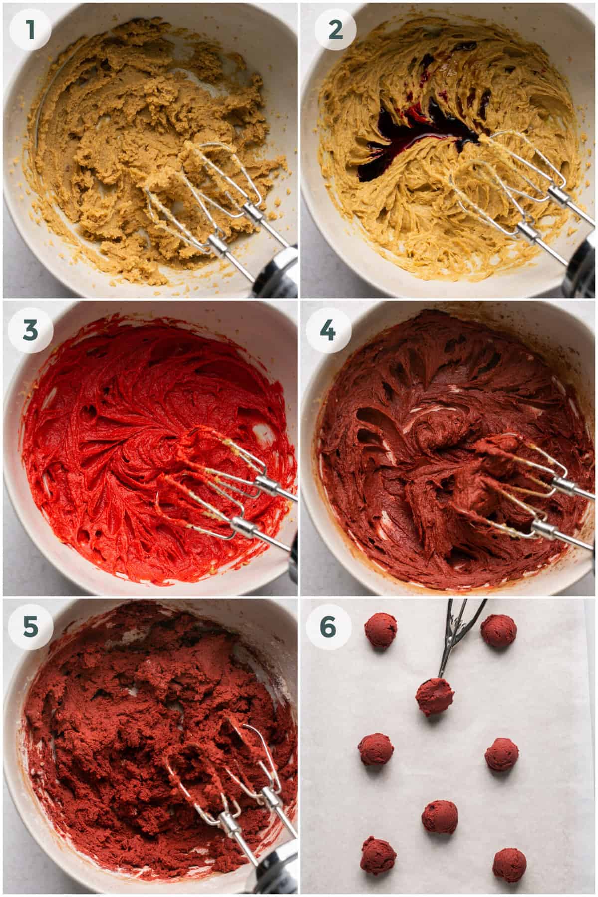 six steps of preparing red velvet cookies