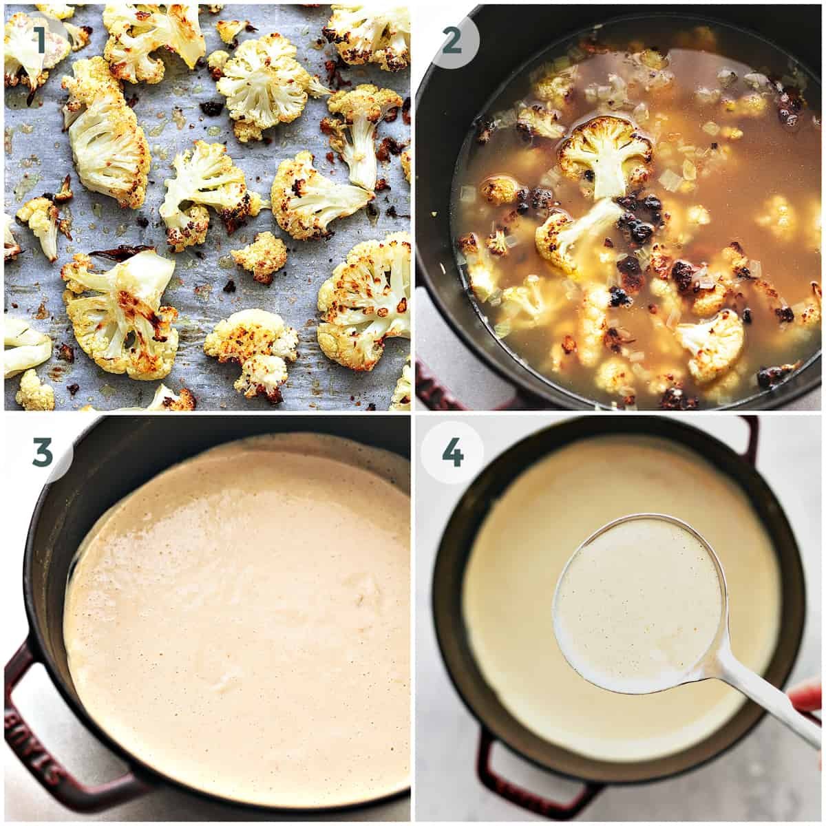 four steps of preparing roasted cauliflower soup