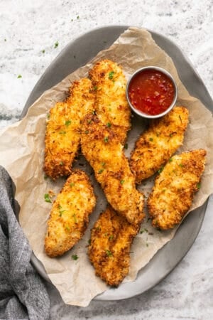 air fryer chicken strips on platter