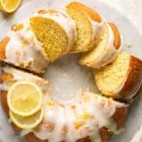 slices of lemon bundt cake on a cake stand