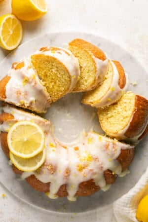 slices of lemon bundt cake on a cake stand