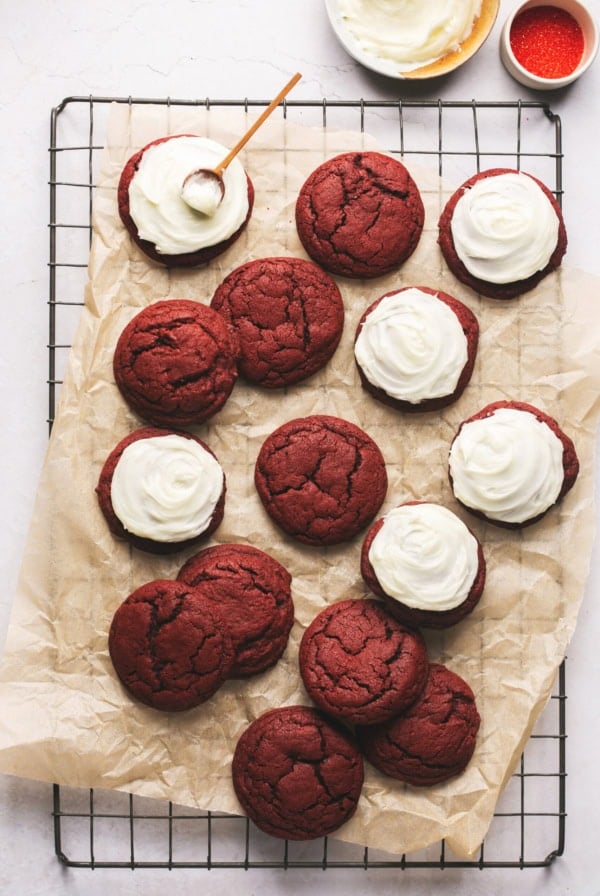 red velvet cookies some with and without frosting