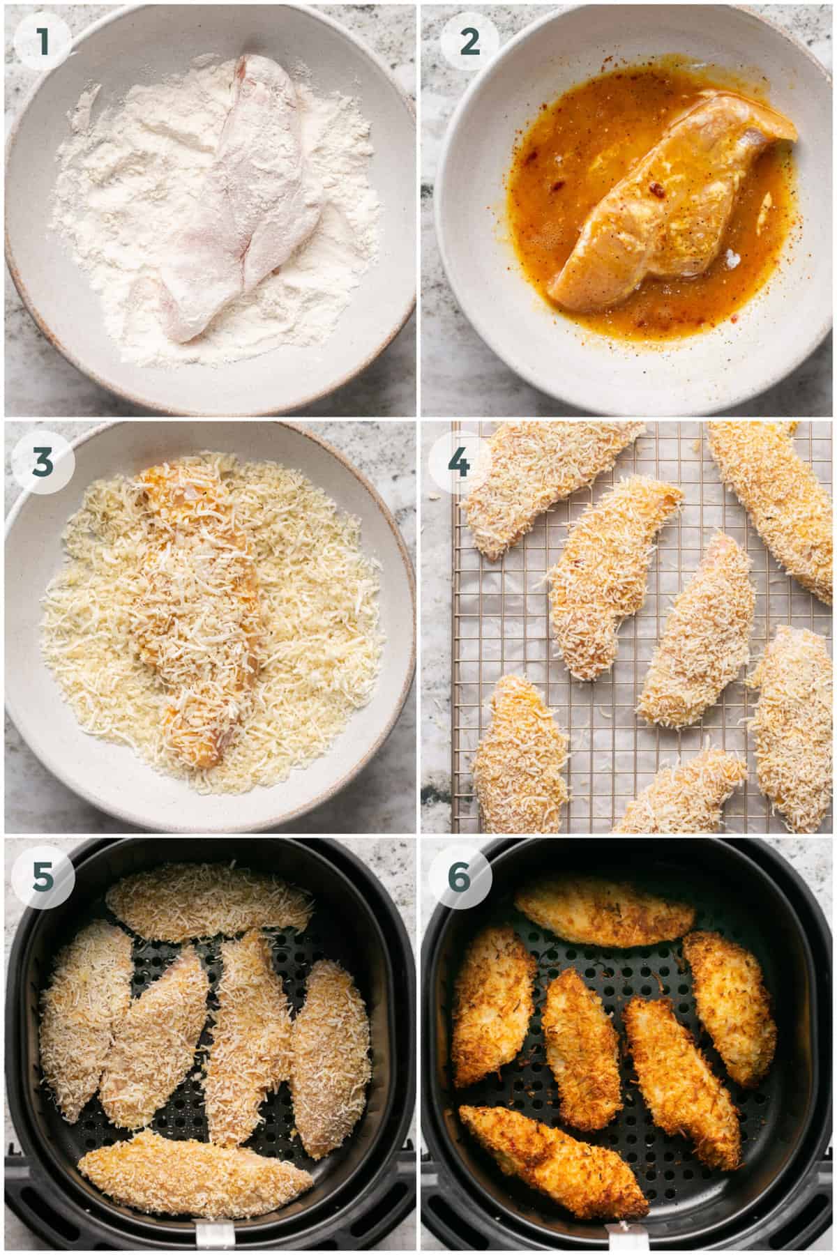 six steps of preparing air fryer chicken strips recipe