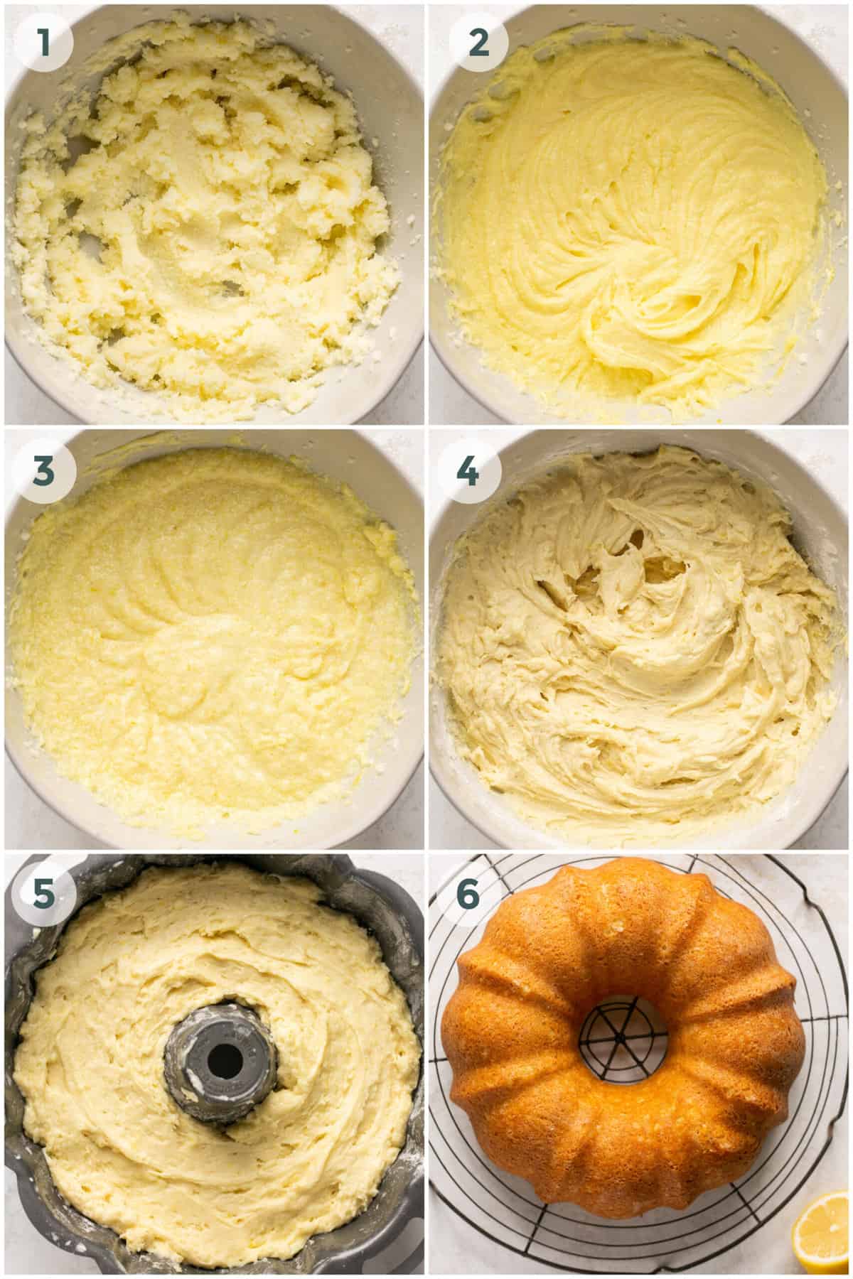 first six steps of preparing lemon bundt cake recipe