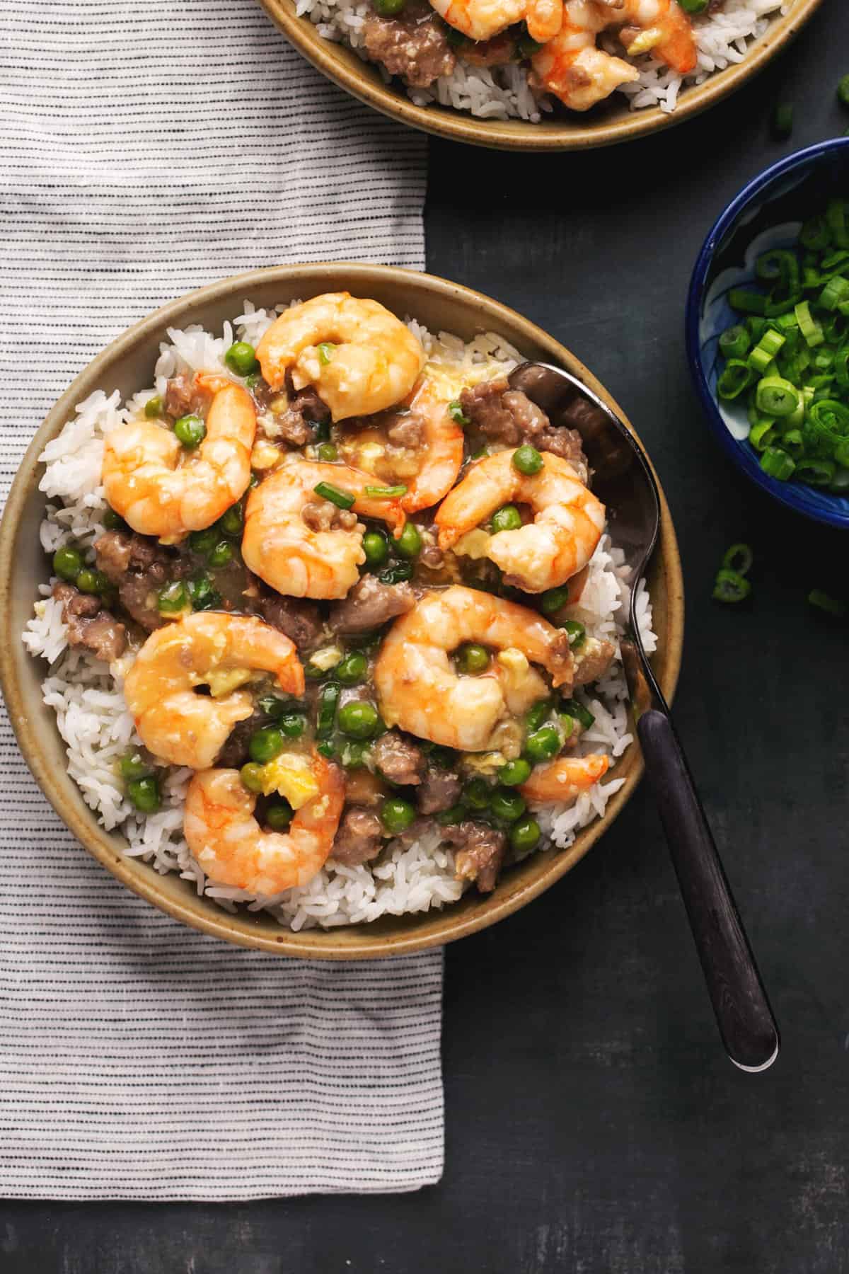 shrimp with peas and ground pork in a bowl