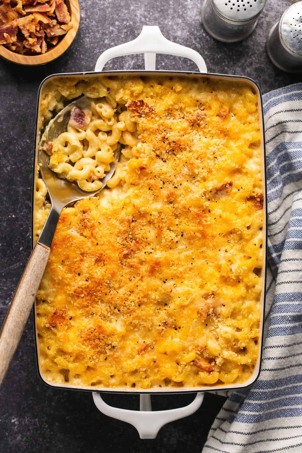 baked mac and cheese with bacon in casserole dish