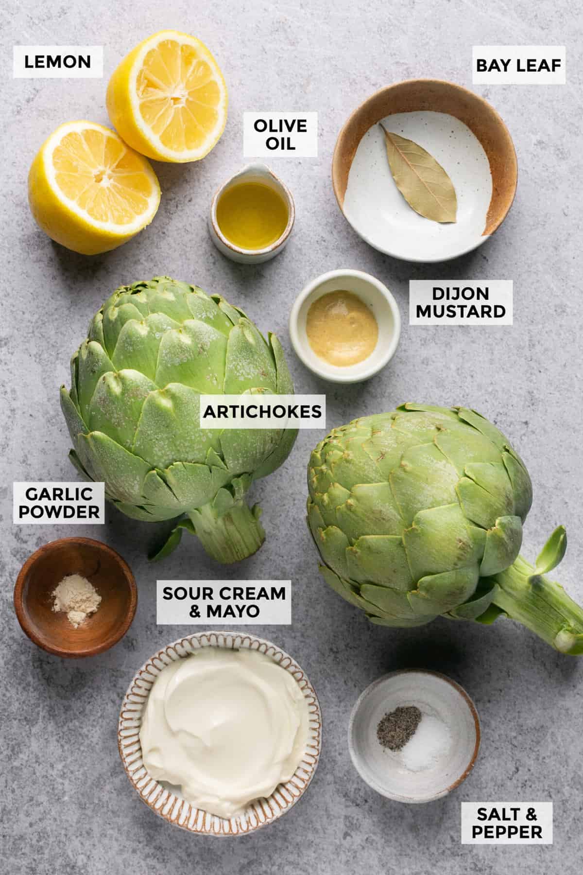 ingredients for artichoke and dipping sauce