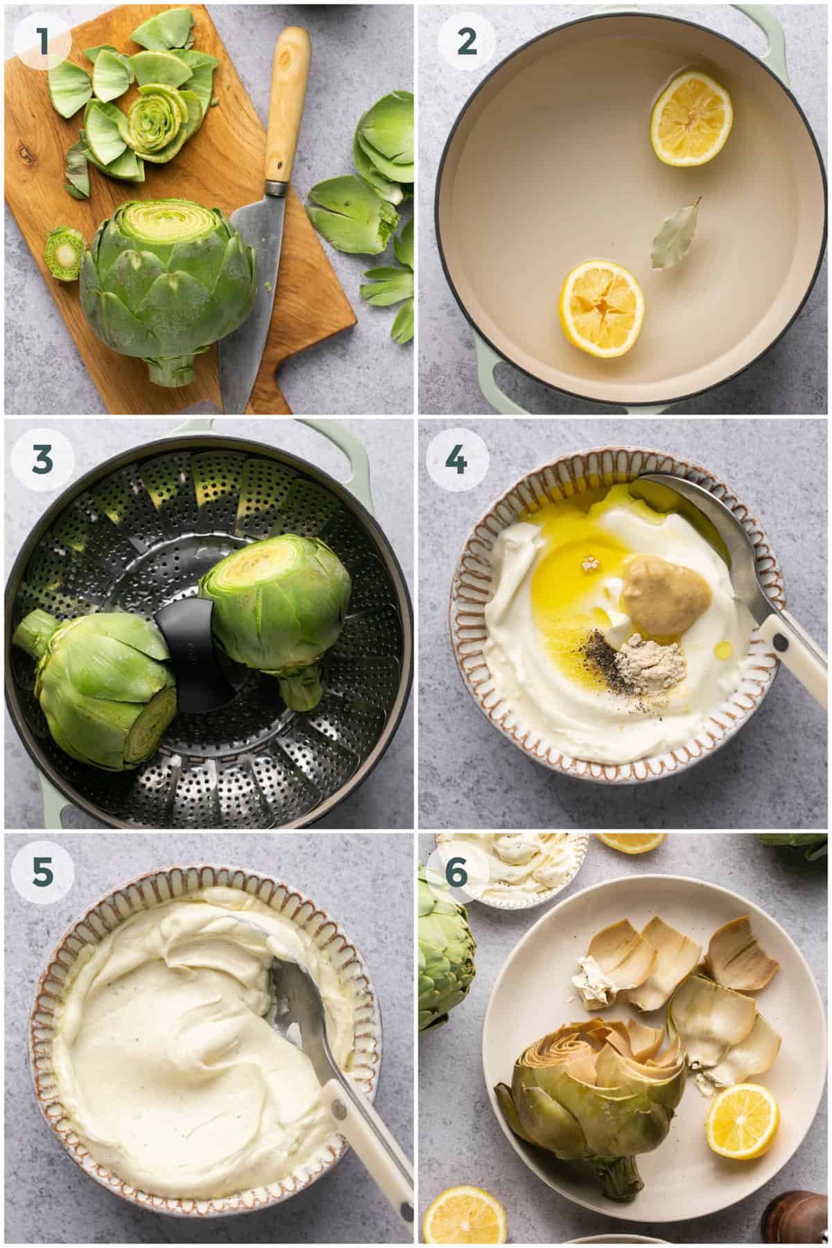 six steps of preparing artichokes and dipping sauce