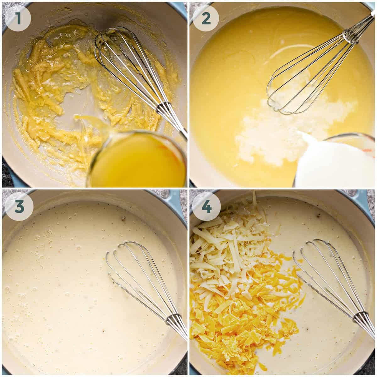 first four steps of preparing baked bacon mac and cheese