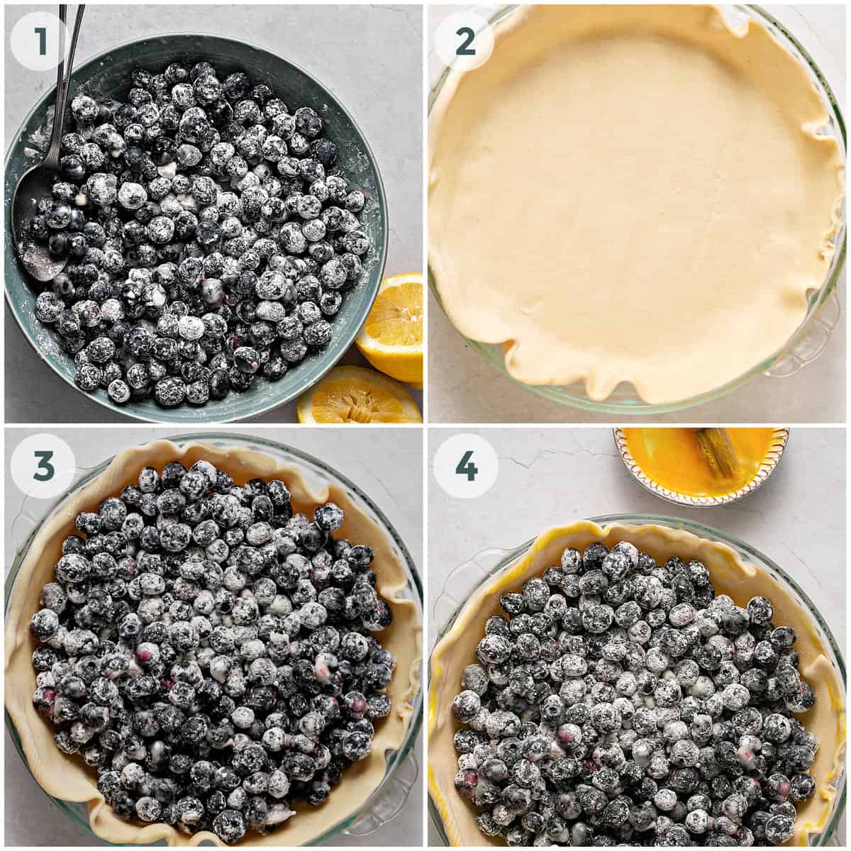 first four steps of preparing blueberry pie recipe