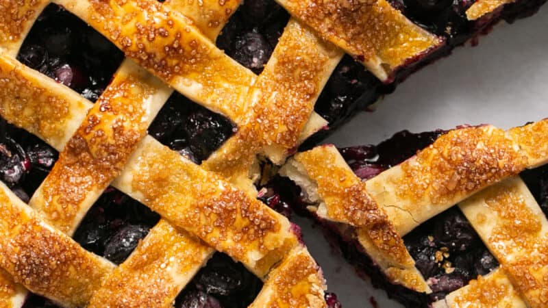 up close blueberry pie slices