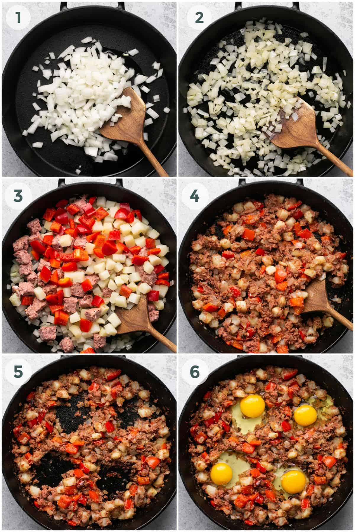 six steps of preparing corned beef hash recipe