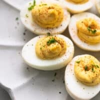 up close view of deviled eggs on plate