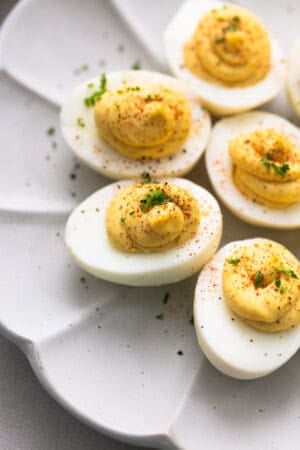 up close view of deviled eggs on plate