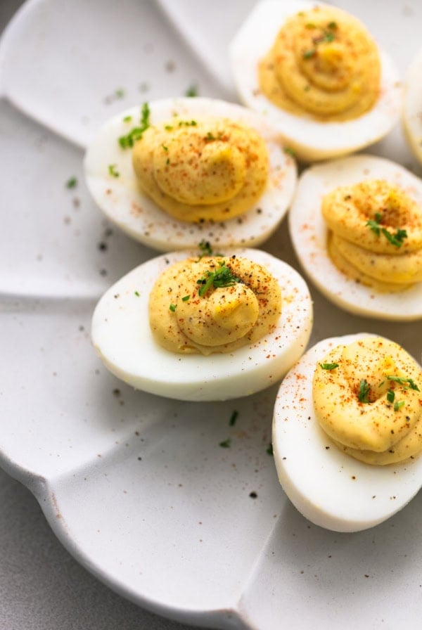 up close view of deviled eggs on plate