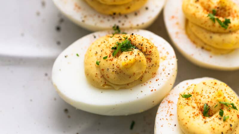 up close view of deviled eggs on plate