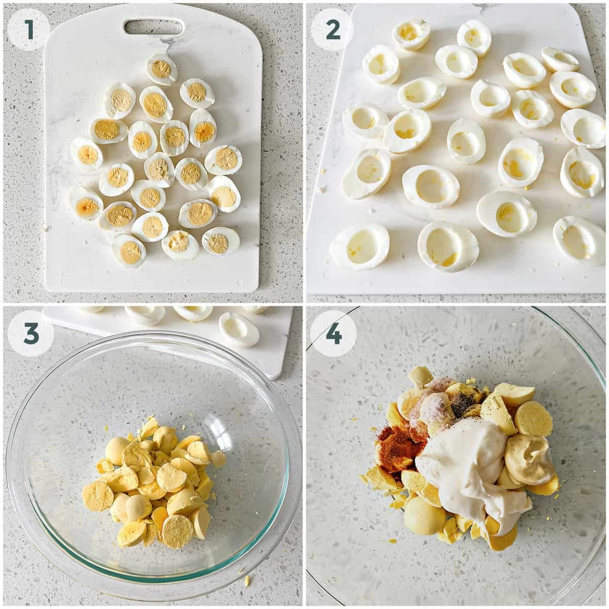 first four steps of preparing deviled eggs