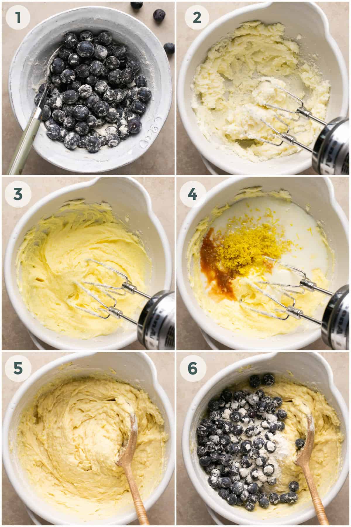 first six steps of preparing lemon blueberry bread