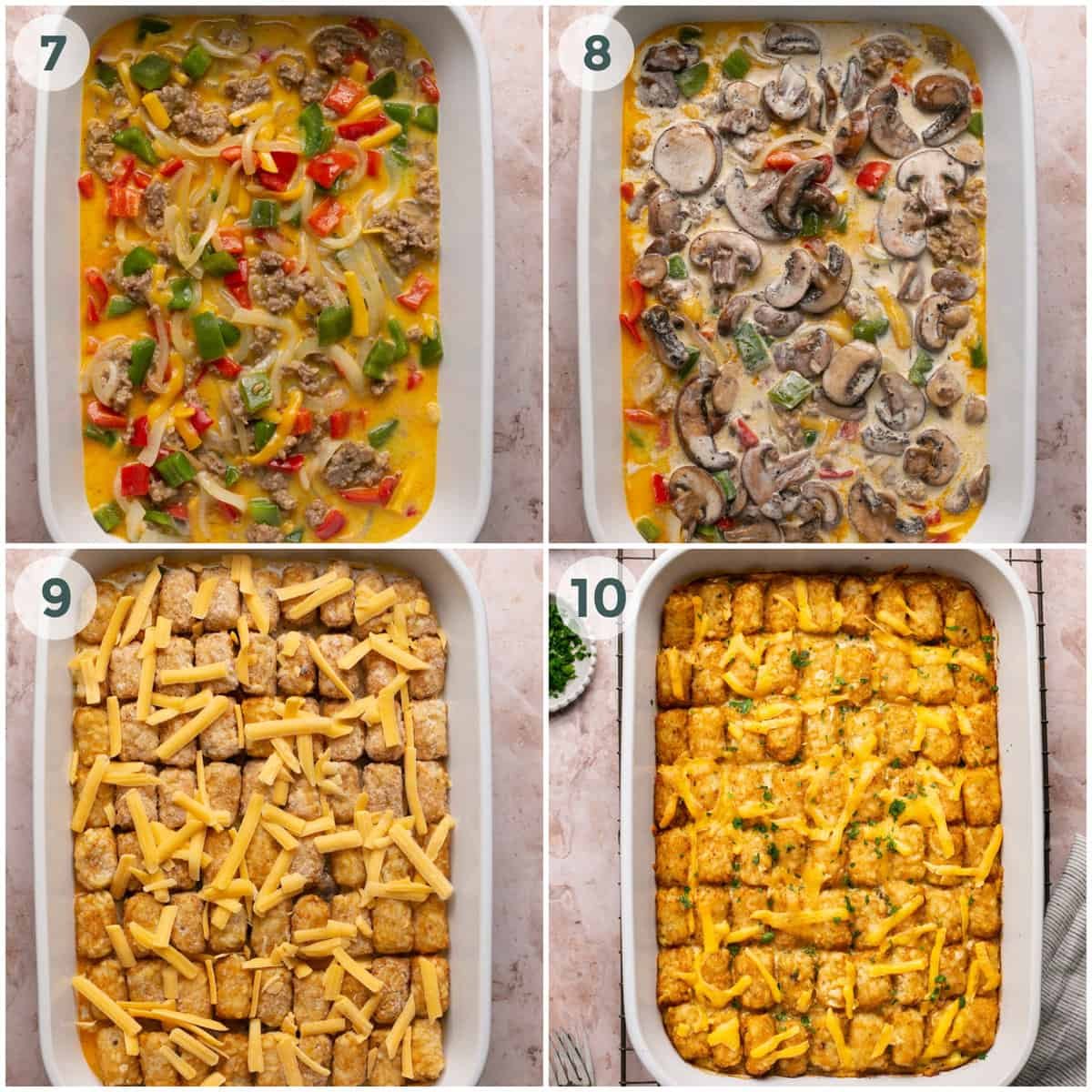 final four steps of preparing tater tot breakfast casserole