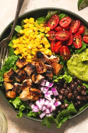 up close chopped chipotle chicken with veggies and lettuce on plate