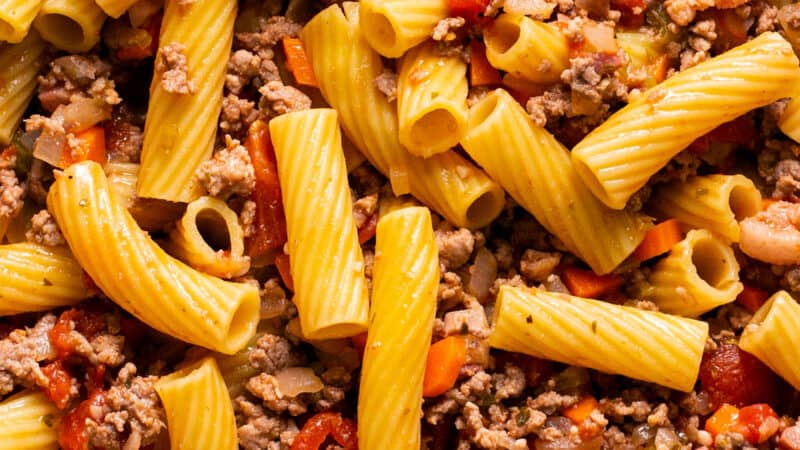 up close rigatoni with beef and tomatoes