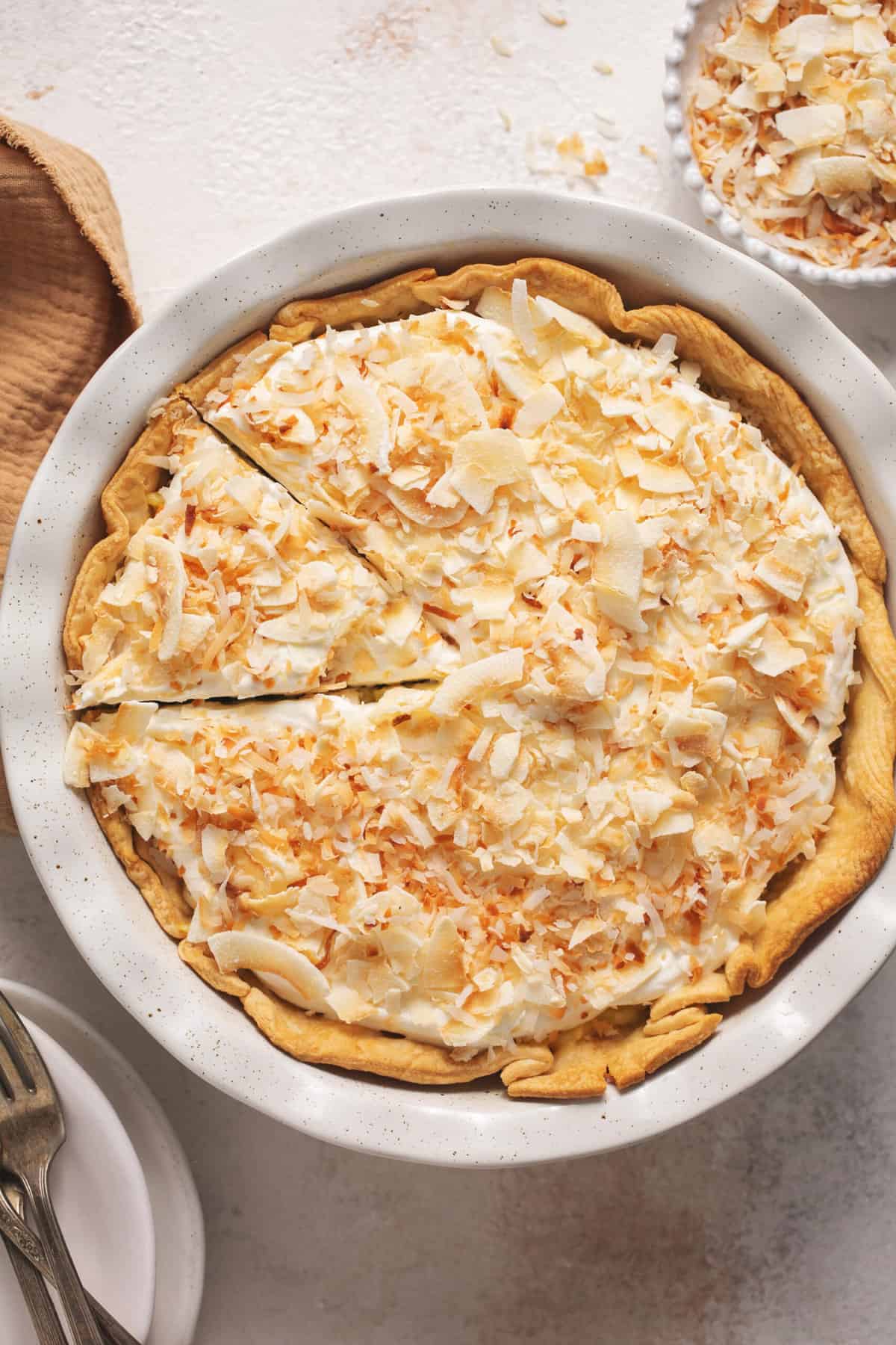 coconut cream pie in pie dish